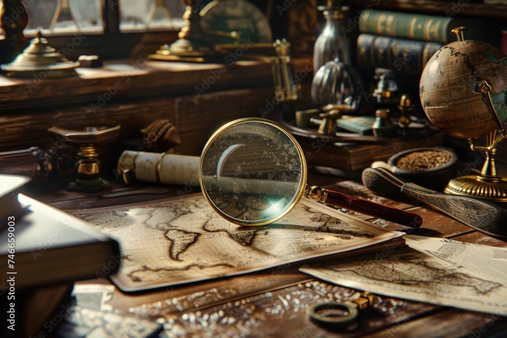 Poster a magnifying glass placed on a table. suitable for business or research concepts