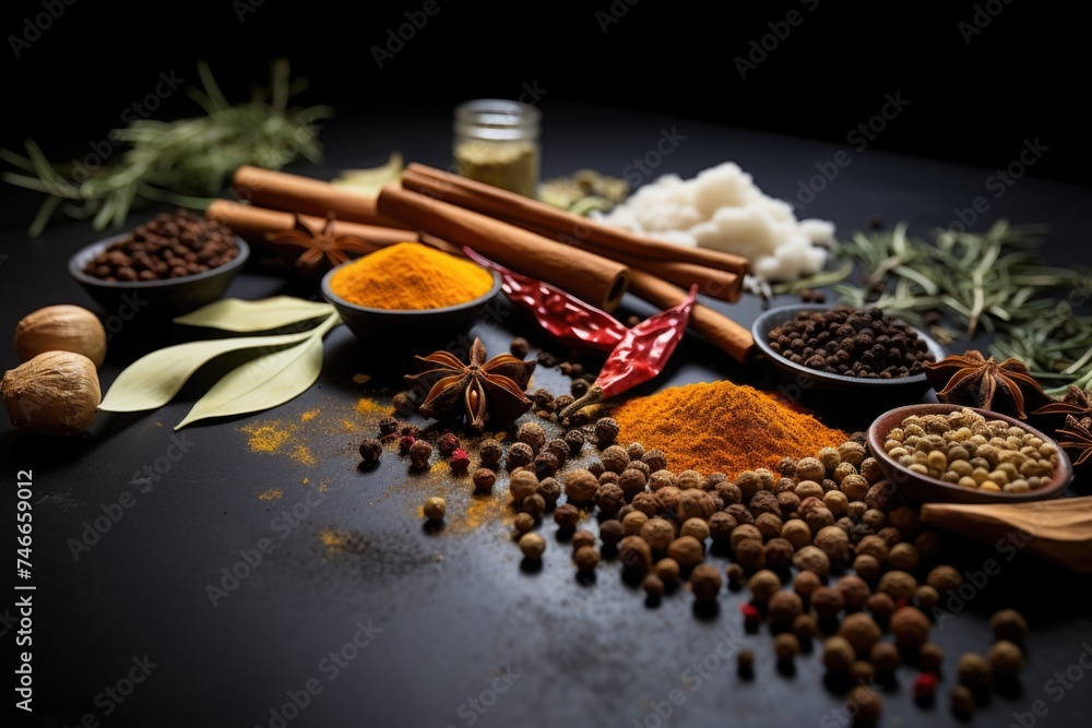 Poster Assorted spices displayed on a table, perfect for culinary projects