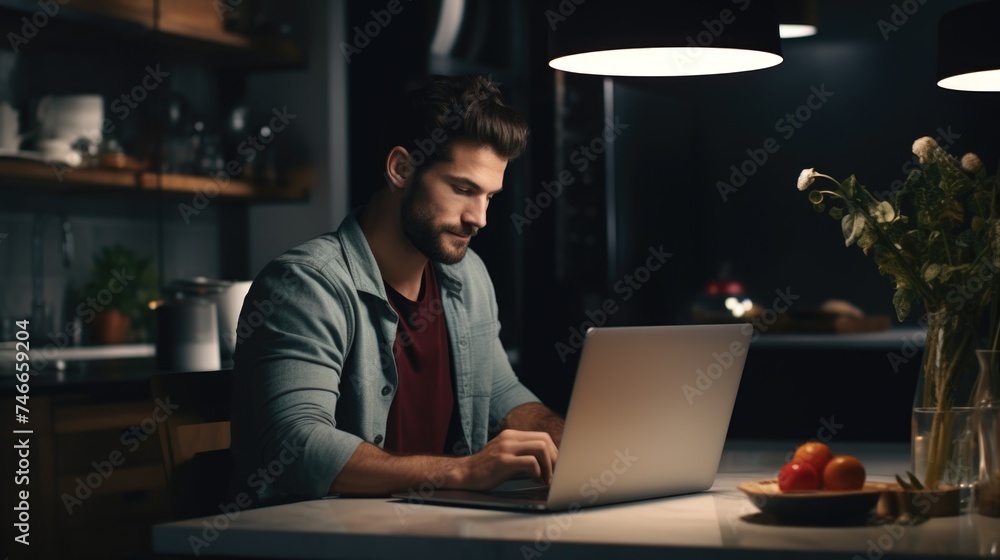 Poster A man sitting at a table using a laptop computer. Ideal for technology and remote work concepts