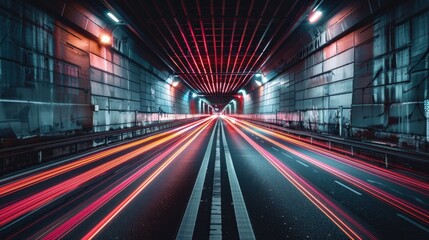 Long exposure photo of tunnel with light streaks, great for technology or transportation concepts
