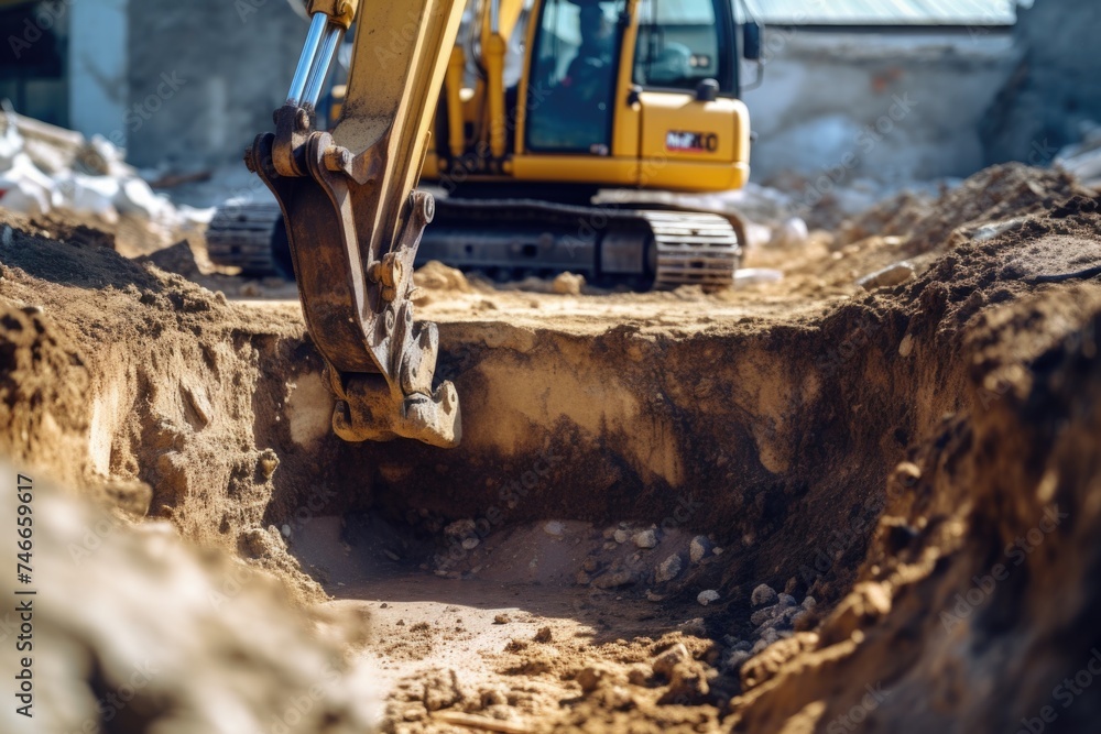 Poster a bulldozer in action, digging a trench. ideal for construction projects