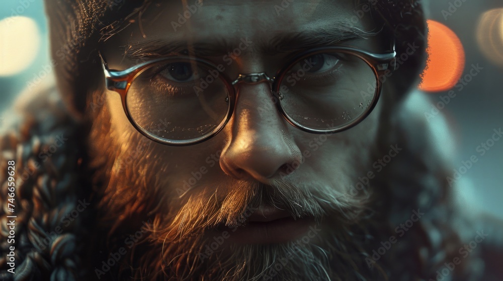 Poster close-up of a person wearing glasses and a hat, suitable for various concepts