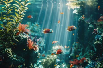 Fototapeta na wymiar Group of fish swimming in an aquarium. Perfect for educational materials