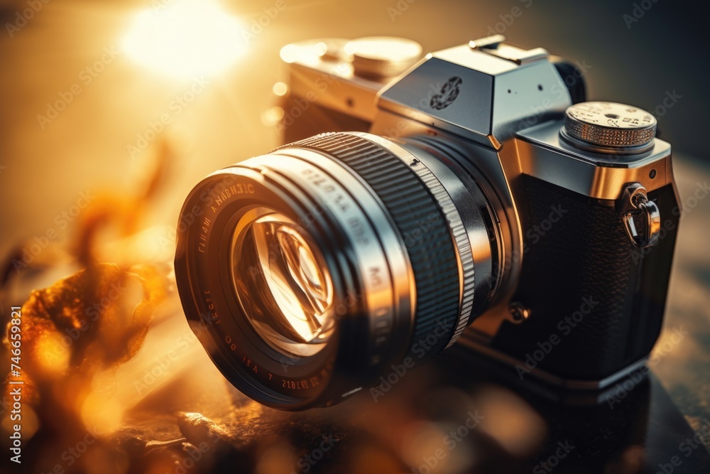 Poster a camera placed on a wooden table. suitable for technology and photography concepts