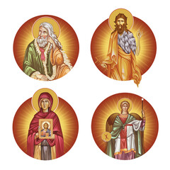 Medallions set with Parascheva of the Balkans, Prophet Elijah, Baptist john and Archangel Michael on white background. Illustration in Byzantine style isolated