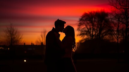 Naklejka premium Silhouette of a couple sharing a kiss against a sunset