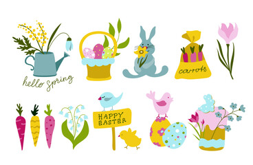 Fototapeta premium Set of Easter design elements. Eggs, chicken, rabbit, tulips, flowers, basket, tulips, carrots,narcissus,watering can and Easter cake