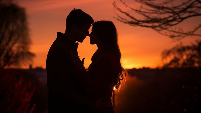 Silhouette of a couple sharing a kiss against a sunset