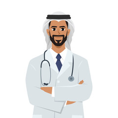 Fototapeta premium Young arab man doctor folded hands. Flat vector illustration isolated on white background