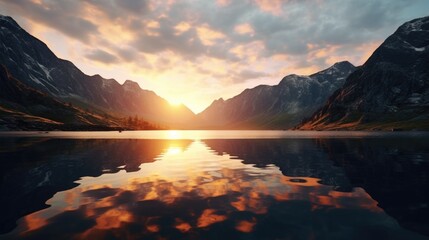Fototapeta na wymiar Beautiful sunset over a serene mountain lake, perfect for nature-themed designs