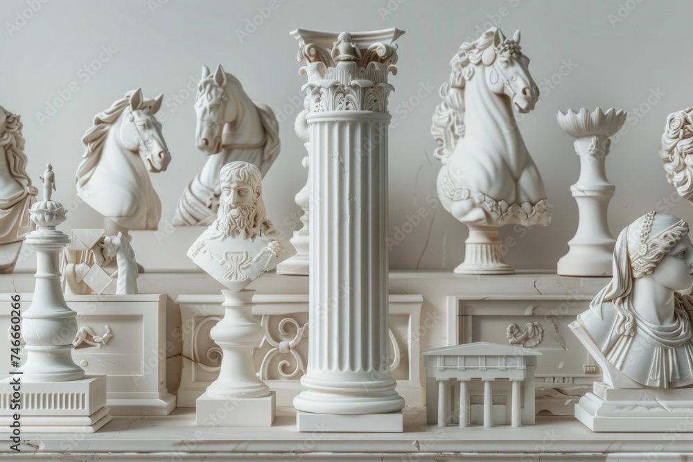 Poster statues arranged on a table, suitable for interior design projects