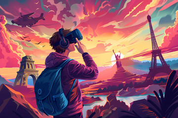 Fototapeta premium Virtual Travel Adventures: Illustrate a person using VR to explore different parts of the world from the comfort of their home, with iconic landmarks and landscapes unfolding around them.