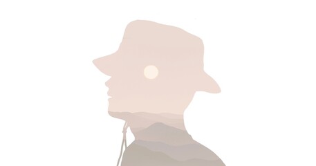 Calm, journey, tranquility and peaceful concept art. nature landscape in man face. mountain.