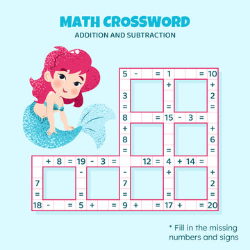Math Crossword puzzle for kids. Addition and subtraction. Counting up to 20. Game for children. Vector illustration. Colorful crossword with cartoon mermaid. Task, education material for kids.