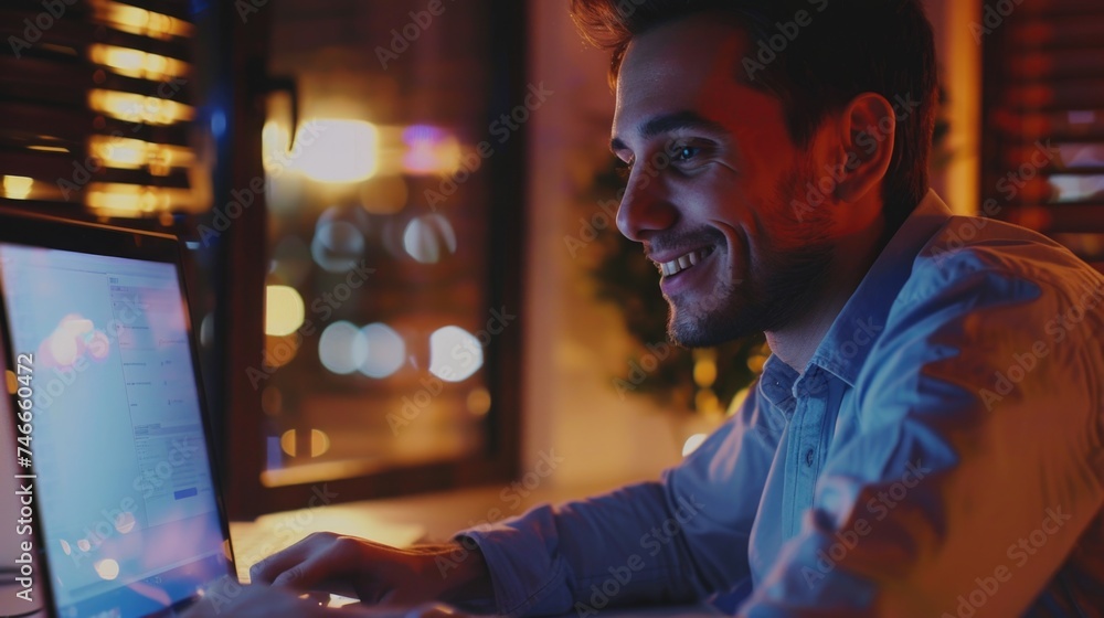 Aufkleber A man sitting at a table using a laptop computer. Suitable for technology and remote work concepts