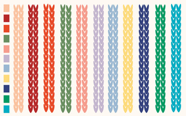 Seamless stripes, vertical knitted pattern, trendy colors spring summer 2024. Samples of knitted backgrounds for creating knitted warm clothes, knitwear, patterns. Advertising. Vector  - obrazy, fototapety, plakaty