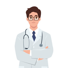 Fototapeta premium Young man doctor folded hands. Flat vector illustration isolated on white background