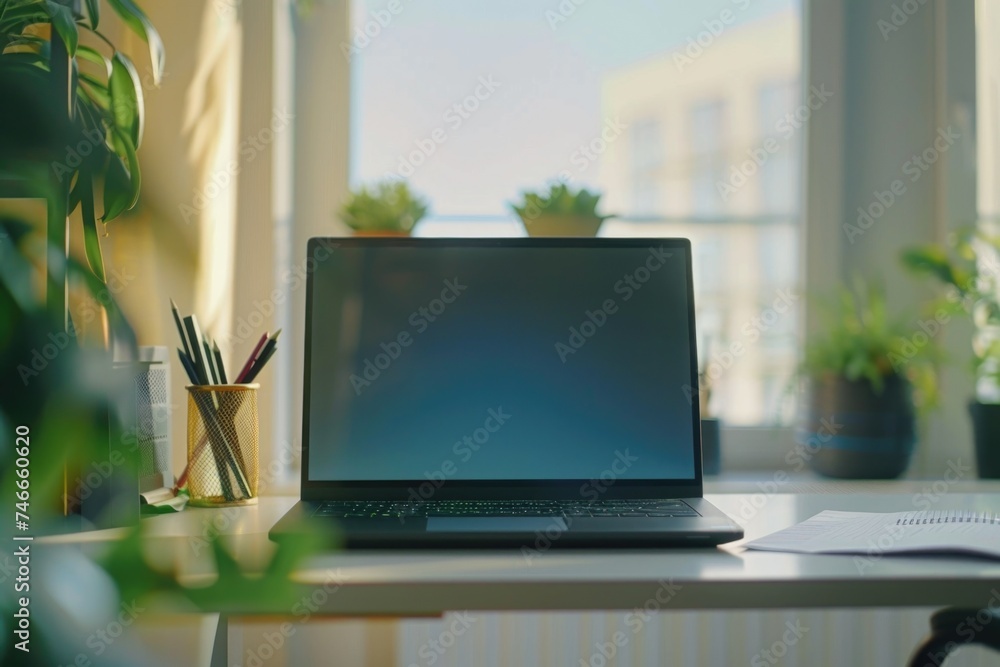 Poster a modern laptop computer on a clean white desk. suitable for technology and office concepts