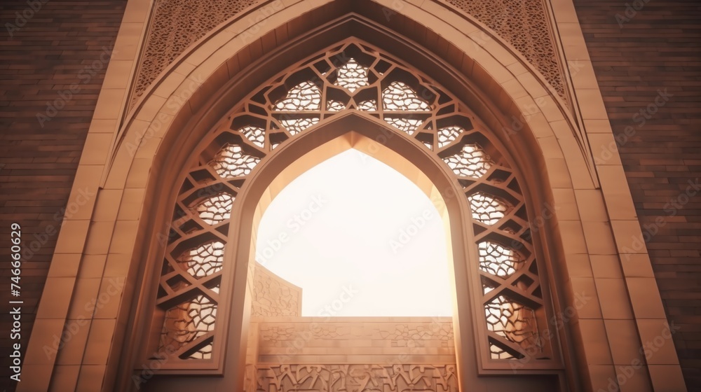 Poster a striking image of a large arched window in a brick building, suitable for architectural and interi