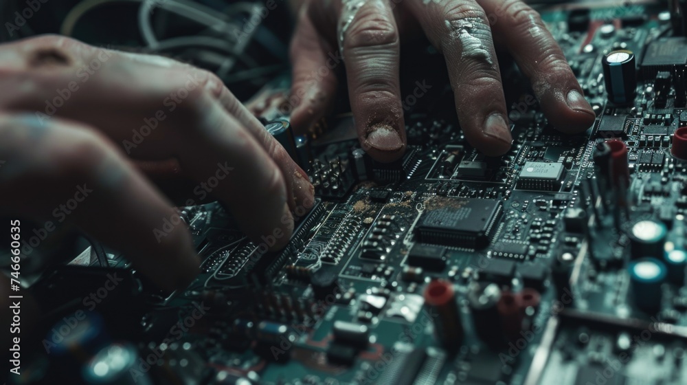 Poster Close up of hands working on a computer motherboard. Ideal for technology and electronics concepts