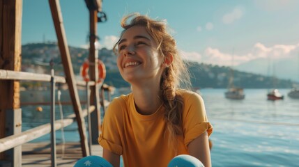 Fototapeta premium A woman sitting on a dock with a frisbee in her hand. Suitable for outdoor recreation concepts