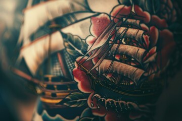 Detailed close up of a ship tattoo design, suitable for tattoo enthusiasts or nautical themes - obrazy, fototapety, plakaty