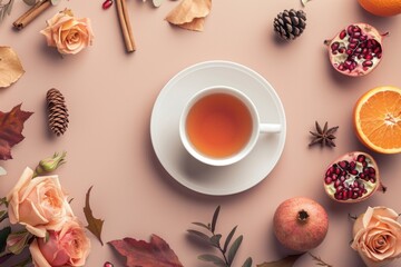 A cup of tea surrounded by colorful flowers and fresh fruits. Perfect for beverage or healthy lifestyle concepts