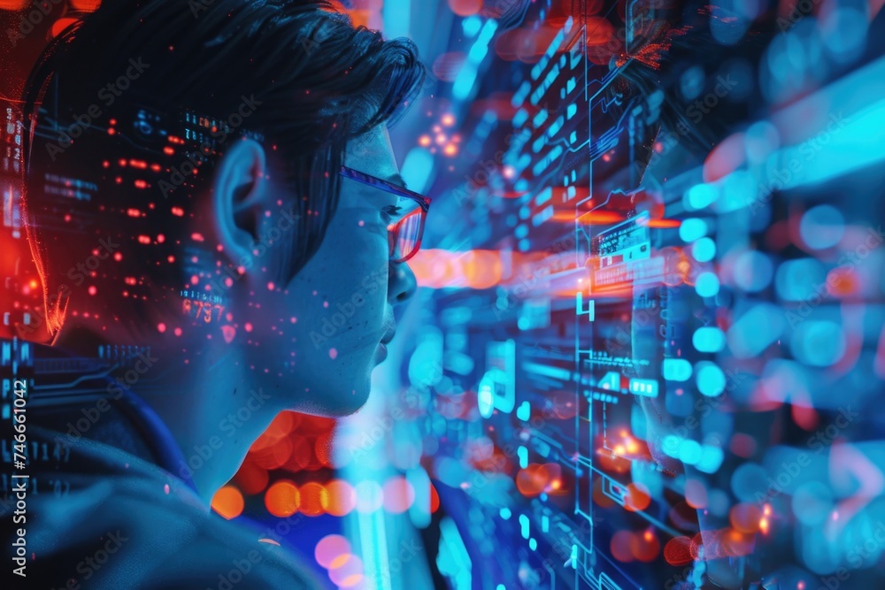 Poster A man in glasses focused on computer screen. Suitable for business and technology concepts