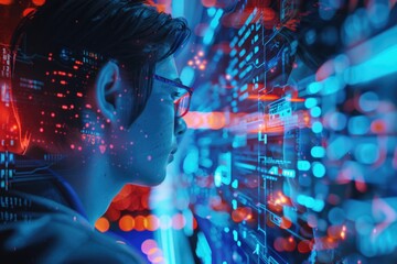 A man in glasses focused on computer screen. Suitable for business and technology concepts