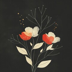 Stylized graphic illustration of flowers with a vintage feel, featuring warm red and orange accents on a textured black background.