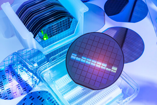 silicon wafer semiconductor with neon color, integrated circuits to manufacture CPU and GPU