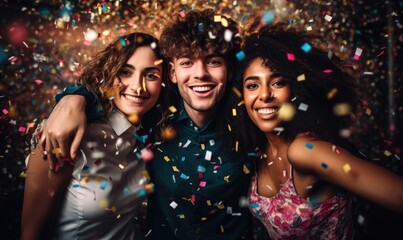 Happy diverse people celebrating success achievement among multicolored confetti