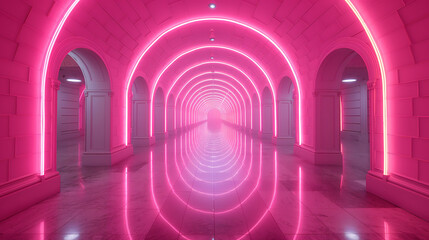 corridor with arches and pink glow, Futuristic Tunnel Illuminated in Pink and Purple Lights