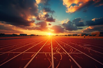 a running track at sunset, in the style of photorealistic landscapes, vibrant stage backdrops, lens flare, photo-realistic landscapes, flat backgrounds