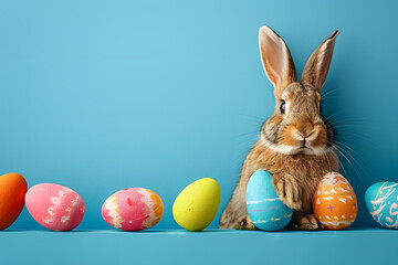 Bunny rabbit with Easter egg decorating on blue wall background.