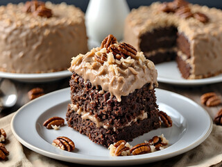 A german chocolate cake. Moist layers of chocolate cake covered with coconut pecan frosting and garnished with toased coconut and pecan halves.