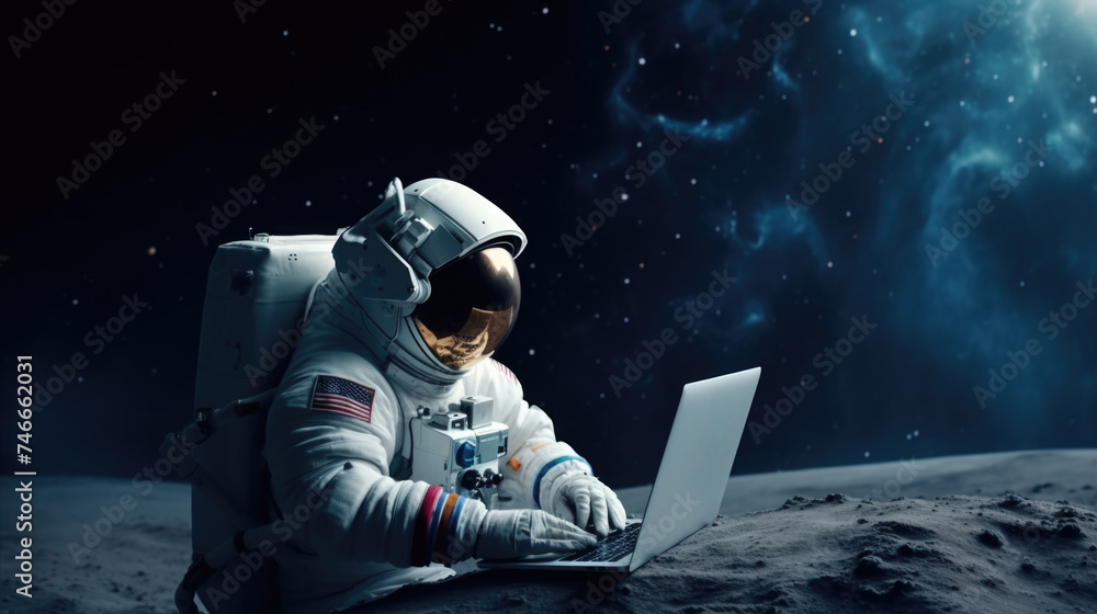 Poster an astronaut sitting on the moon using a laptop. ideal for technology and space exploration concepts