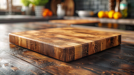 Brown wooden empty chopping board on the wooden kitchen table. Wooden podium for food advertisement. 