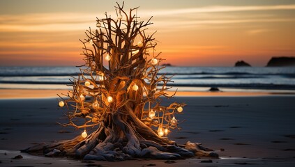 a rustic christmas tree made with driftwood on the beach, in the style of photo-realistic landscapes, luminous atmosphere, cabincore, beige, captivating light, toyism