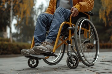Obraz premium A person in a wheelchair on a sidewalk, suitable for disability awareness campaigns
