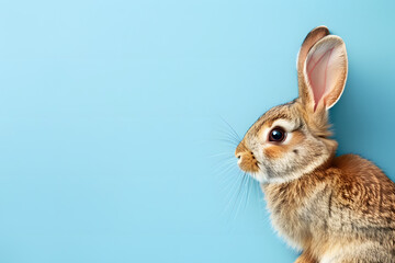 Fototapeta premium Cute rabbit on blue background.