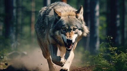 A wolf running in the woods. Suitable for wildlife and nature concepts