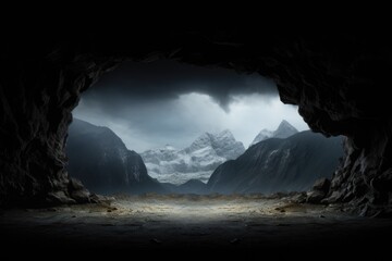 A dark cave with a mountain in the background. Perfect for nature and adventure concepts