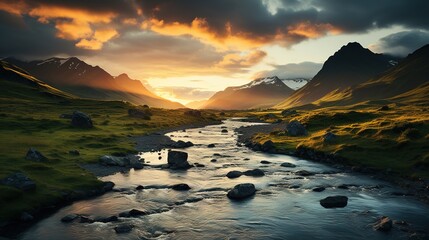 a scenic icelandic valley in the sunlight at sunset, in the style of tropical symbolism, eye-catching, award-winning, glorious - obrazy, fototapety, plakaty