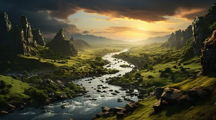 Rolgordijnen a scenic icelandic valley in the sunlight at sunset, in the style of tropical symbolism, eye-catching, award-winning, glorious © Smilego