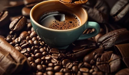 Foto op Plexiglas hd coffee beans background, coffee wallpaper, coffe beans on the table © Gegham