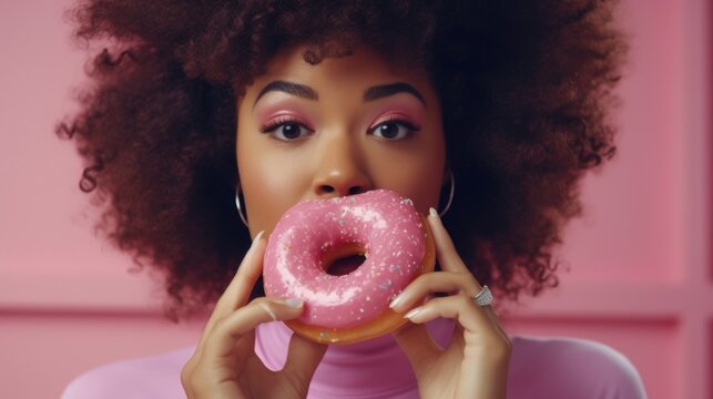 Woman holding a donut in front of her face. Suitable for food and lifestyle concepts