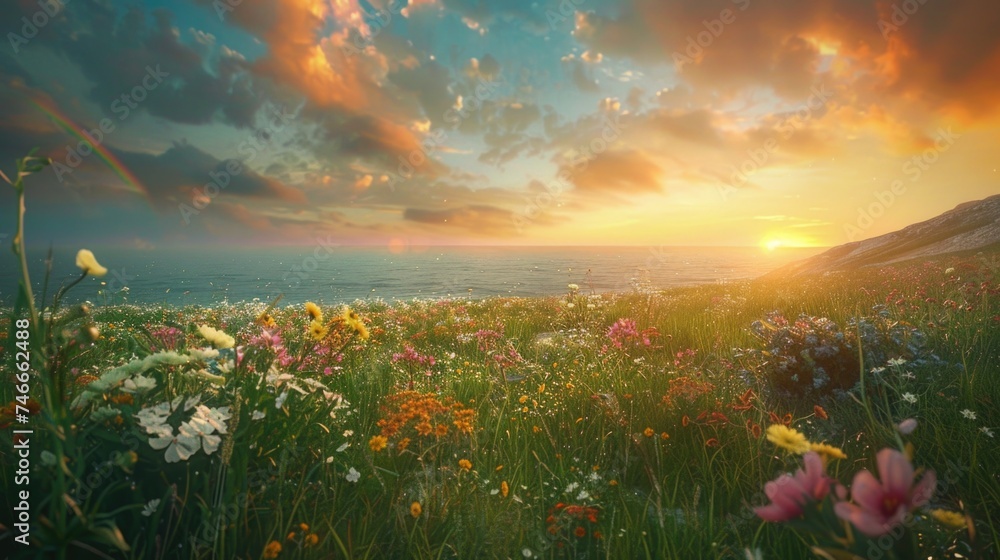 Aufkleber beautiful field of wildflowers with a colorful sunset in the background. ideal for nature and landsc
