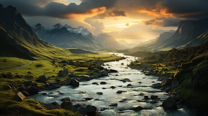 a scenic icelandic valley in the sunlight at sunset, in the style of tropical symbolism, eye-catching, award-winning, glorious - obrazy, fototapety, plakaty