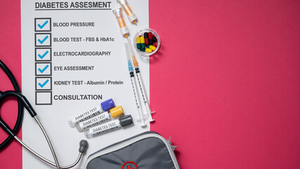 Test tubes and diabetes assessment checklist, with stethoscope, drug capsules and others; on pink...